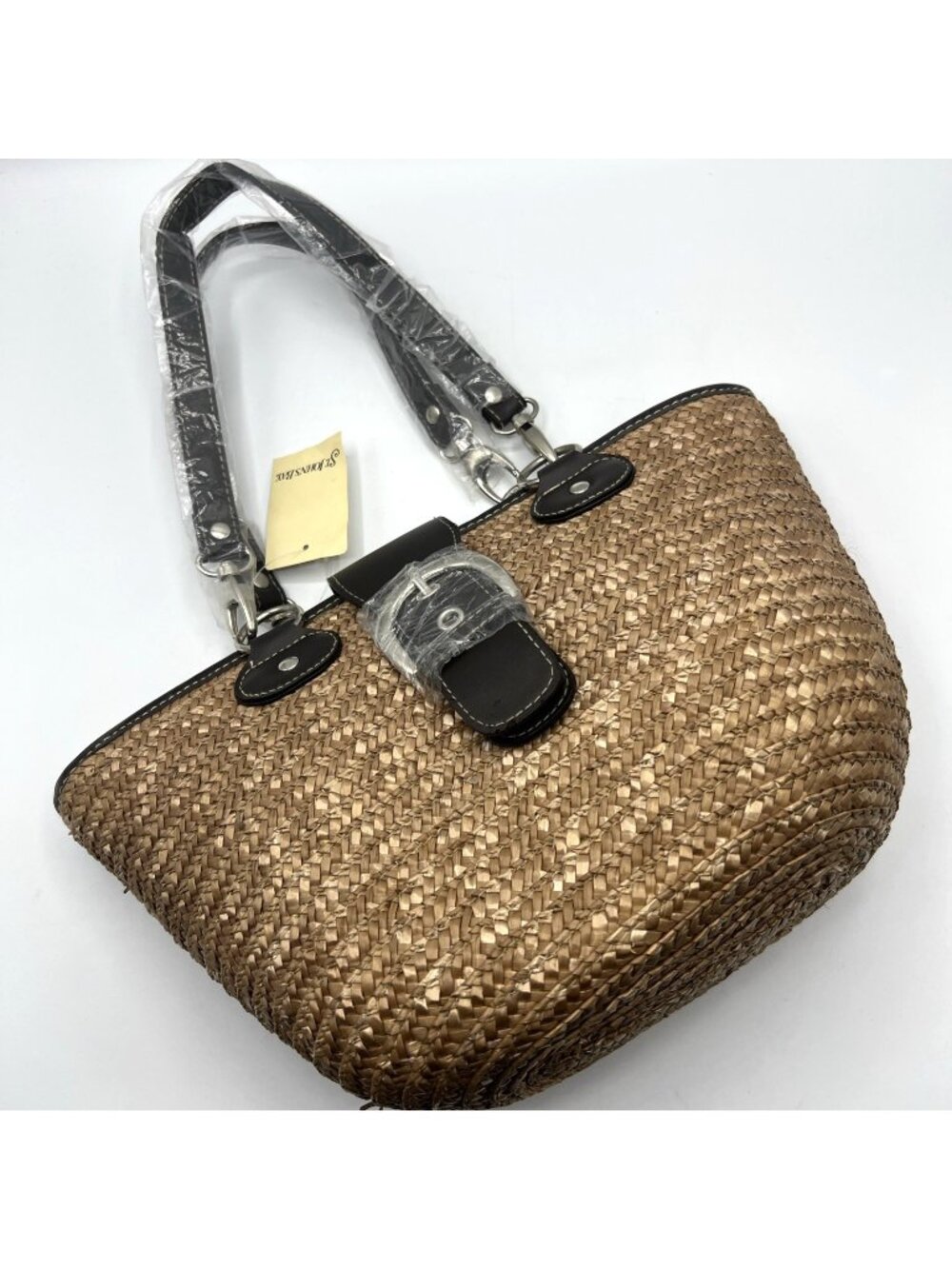 St Johns Bay Woven Straw Purse Shoulder Bag Brown Trim NWT